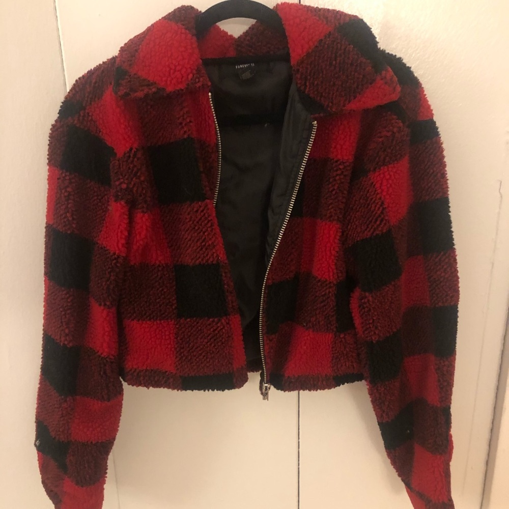 Cropped red and black plaid fuzzy jacket